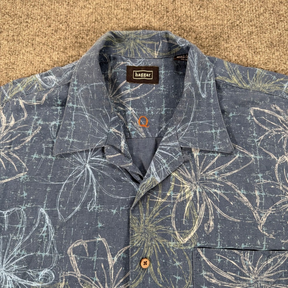Haggar Mens Blue 100% Silk Floral Short Sleeve Button Up Camp Shirt Large #4095